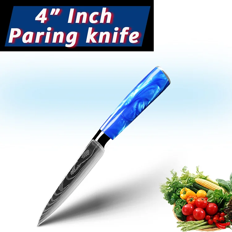 Japanese Chef knife Blue Resin Handle 7CR17 Damascus Pattern