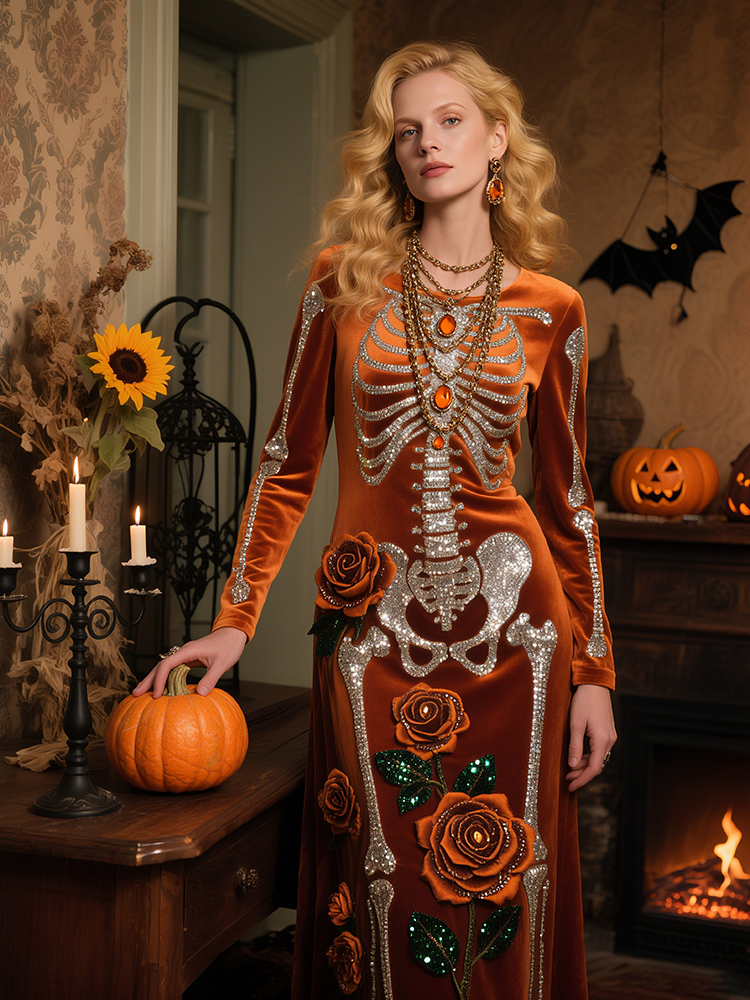 Women's Halloween Skeleton Bones With Roses Art Knitted Warm Zipper Hooded Sweater