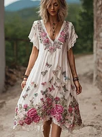 Bohemian Style Plant Flower And Butterfly Pattern Embroidery Women's Cotton And Linen Dress