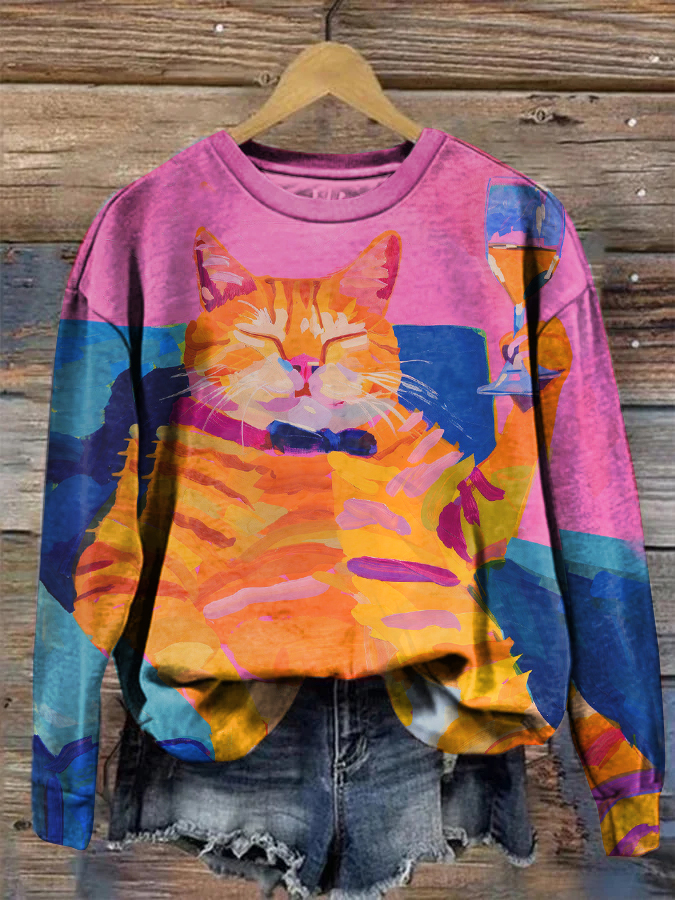 Elegant Cat Casual Crew-neck Sweatshirt