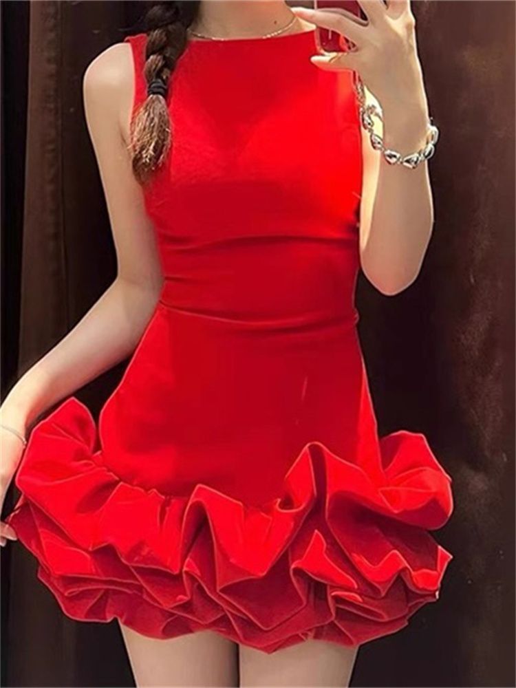 Sleeveless Short Mini Tank Dress for Women Ruffles Hem High Waist Bodycon Summer Party Club Dress Female Vestido 2025