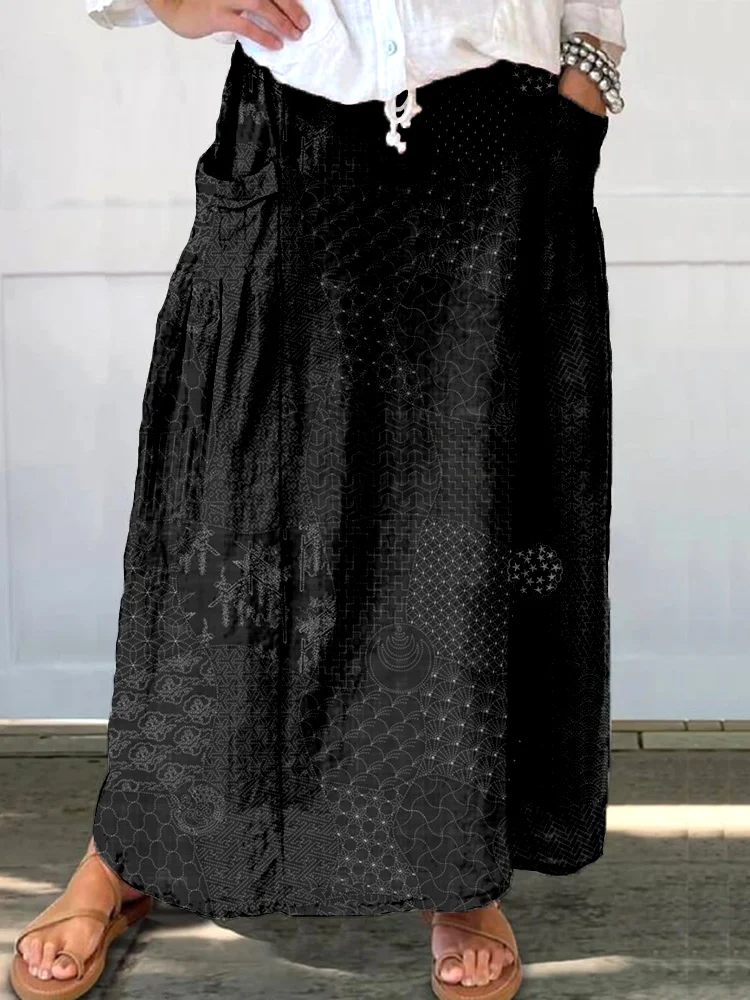 Japanese Traditional Sashiko Art Linen Blend Pocket Half Skirt