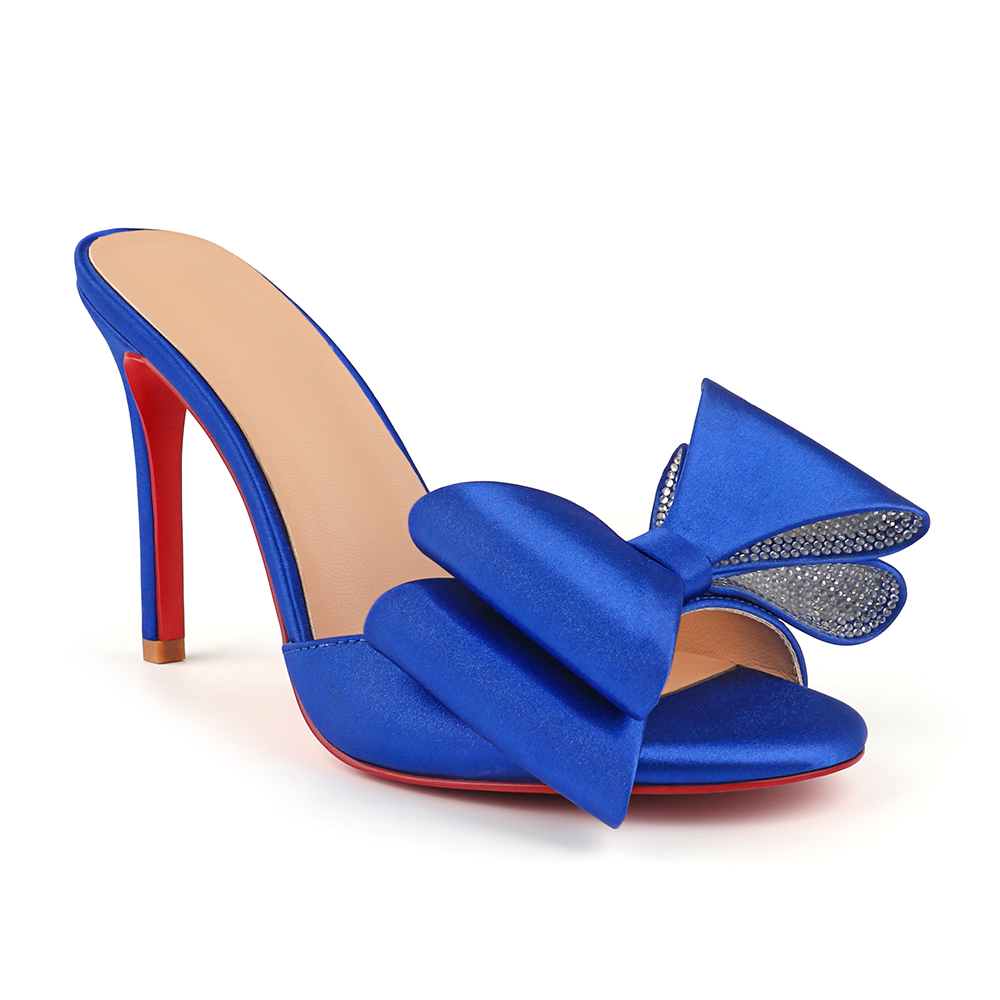 100mm/3.94 Inch Women's High Heel Mules Rhinestone Bowknot Backless Stiletto Heel Slippers Sexy Summer Heeled Red Bottom Sandals-vocosishoes