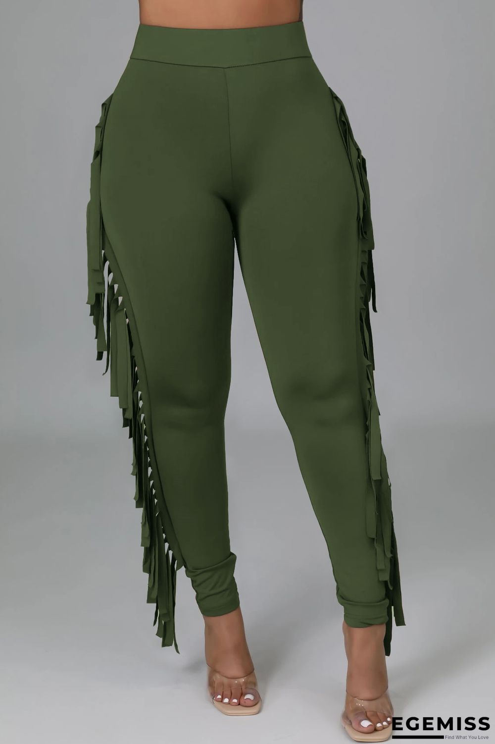 Army Green Fashion Casual Solid Tassel Regular High Waist Pencil Trousers | EGEMISS