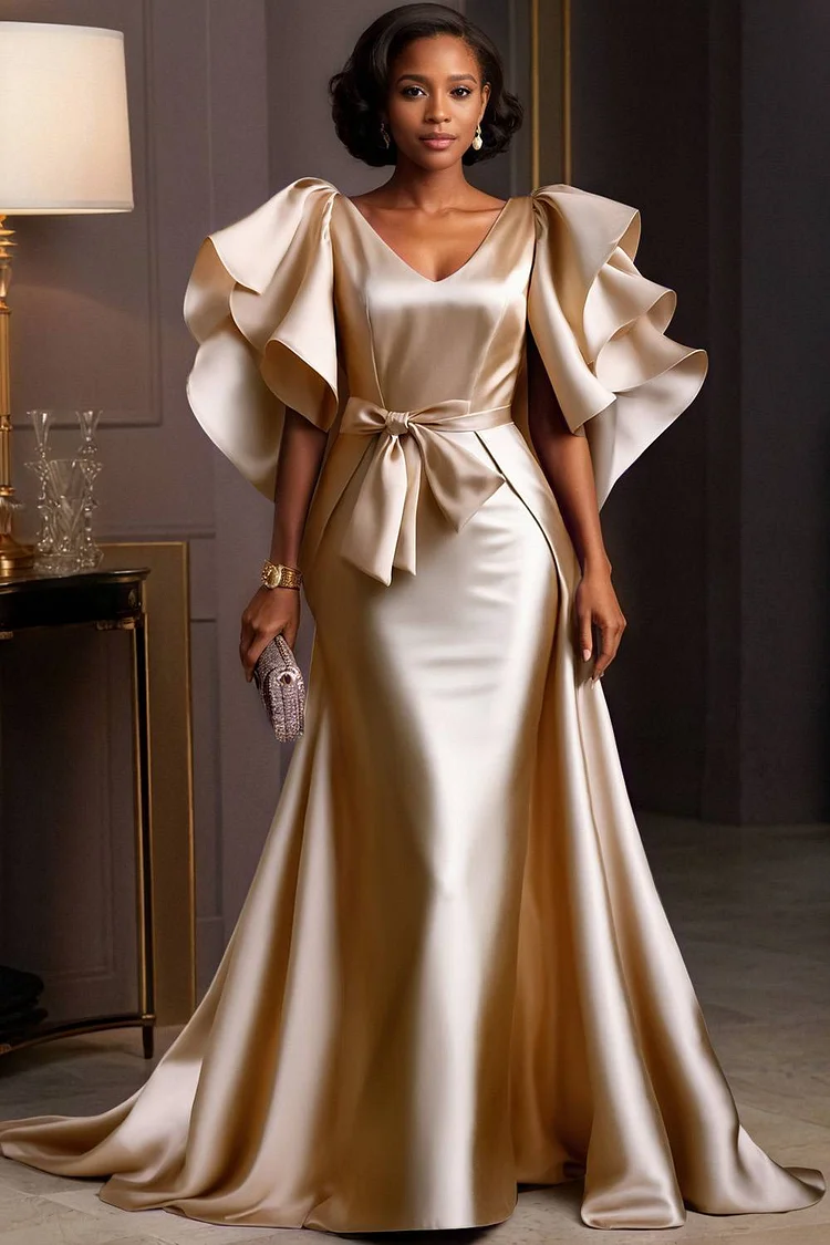 Xpluswear Design Plus Size Mother Of The Bride Champagne V Neck Short Sleeve Ruffle Mermaid Satin Maxi Dresses