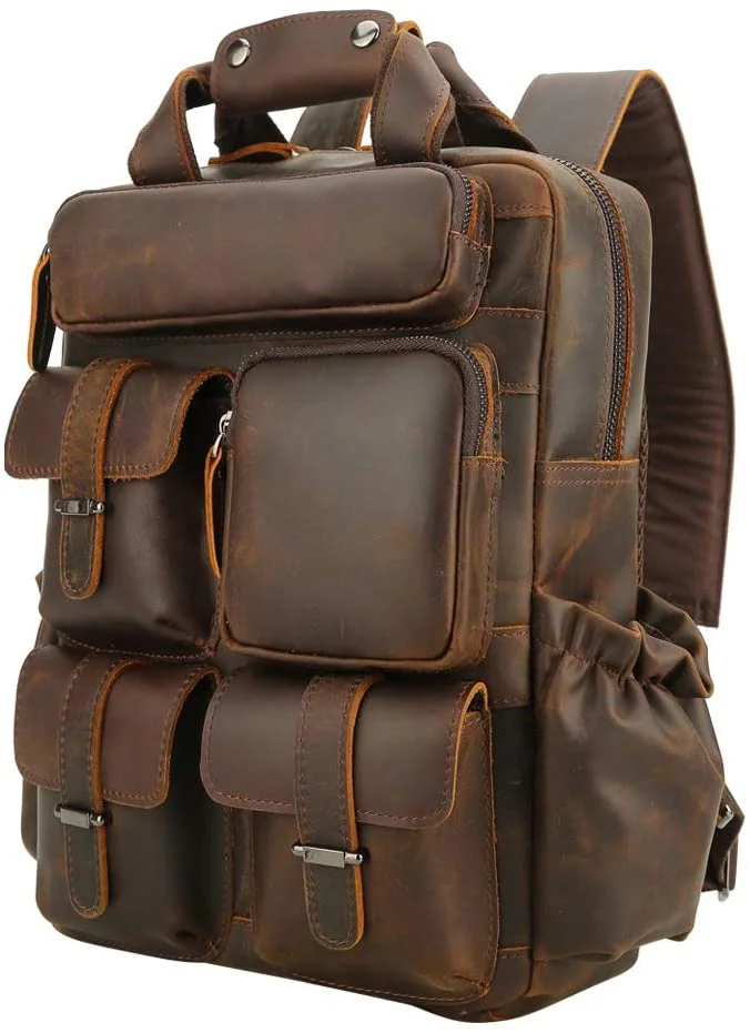 Vintage Genuine Leather Backpack 14 Inch Laptop Bag Multi Pockets School Travel Daypack