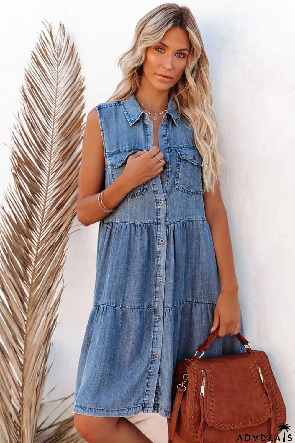 Sky Blue Flap Pockets Button up Sleeveless Denim Dress