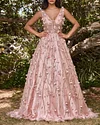V Neck Tulle Floral Sleeveless Glitter Ball Gown