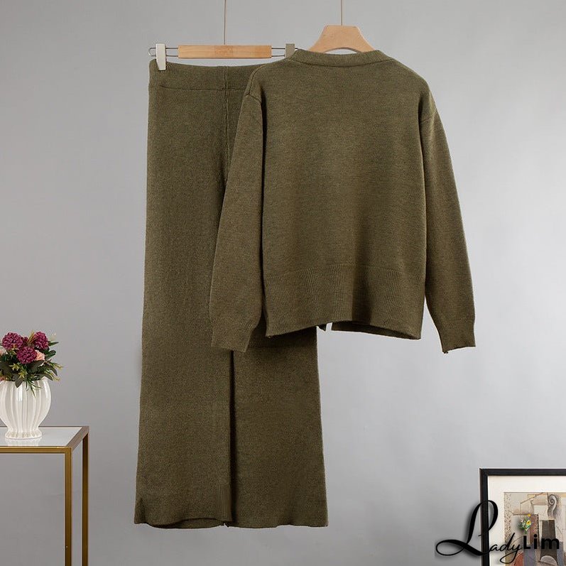 Wide-Leg Pants Suit with V-Neck Cardigan Sweater