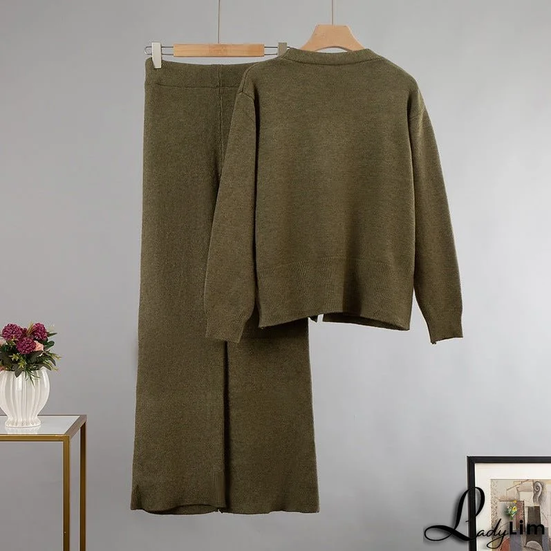 Wide-Leg Pants Suit with V-Neck Cardigan Sweater