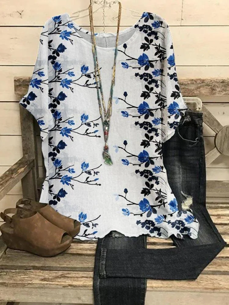 Women's Round Neck Floral Art Casual Short Sleeve T-Shirt
