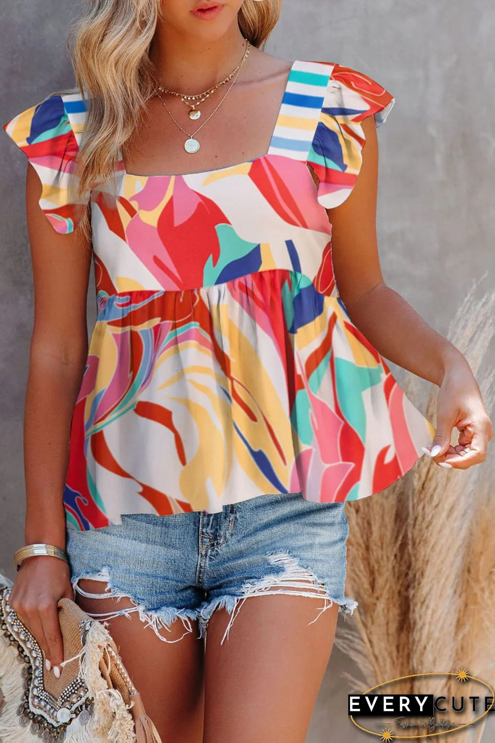 Multicolor Square Neck Abstract Print Tank Top