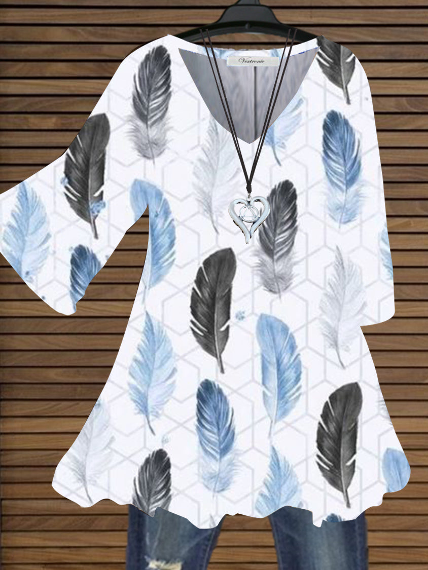 Women's Half Sleeve V-neck Feather Printed Top Dress Tunic Tops