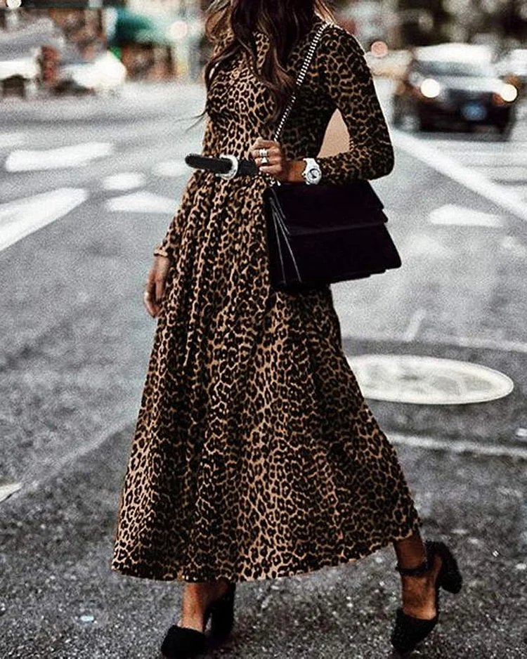 Round Neck Long Sleeve Leopard Print Dress Without Belt