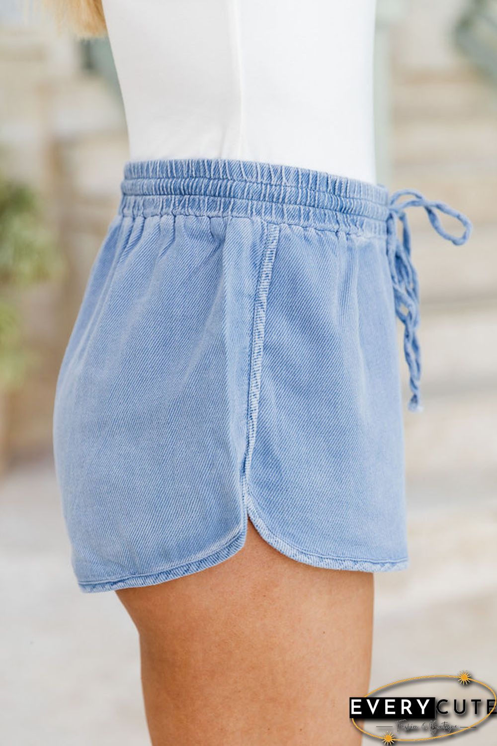 Sky Blue Side Slit Drawstring Denim Shorts