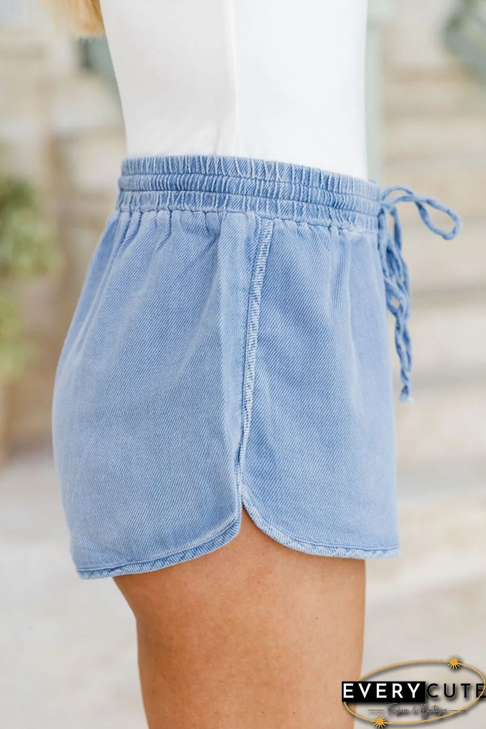 Sky Blue Side Slit Drawstring Denim Shorts