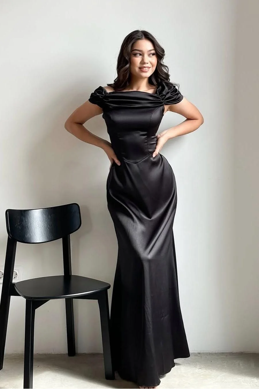 Miabel Simple Black Satin Strapless Off the Shoulder Long Slim Prom Dress with Pleated  