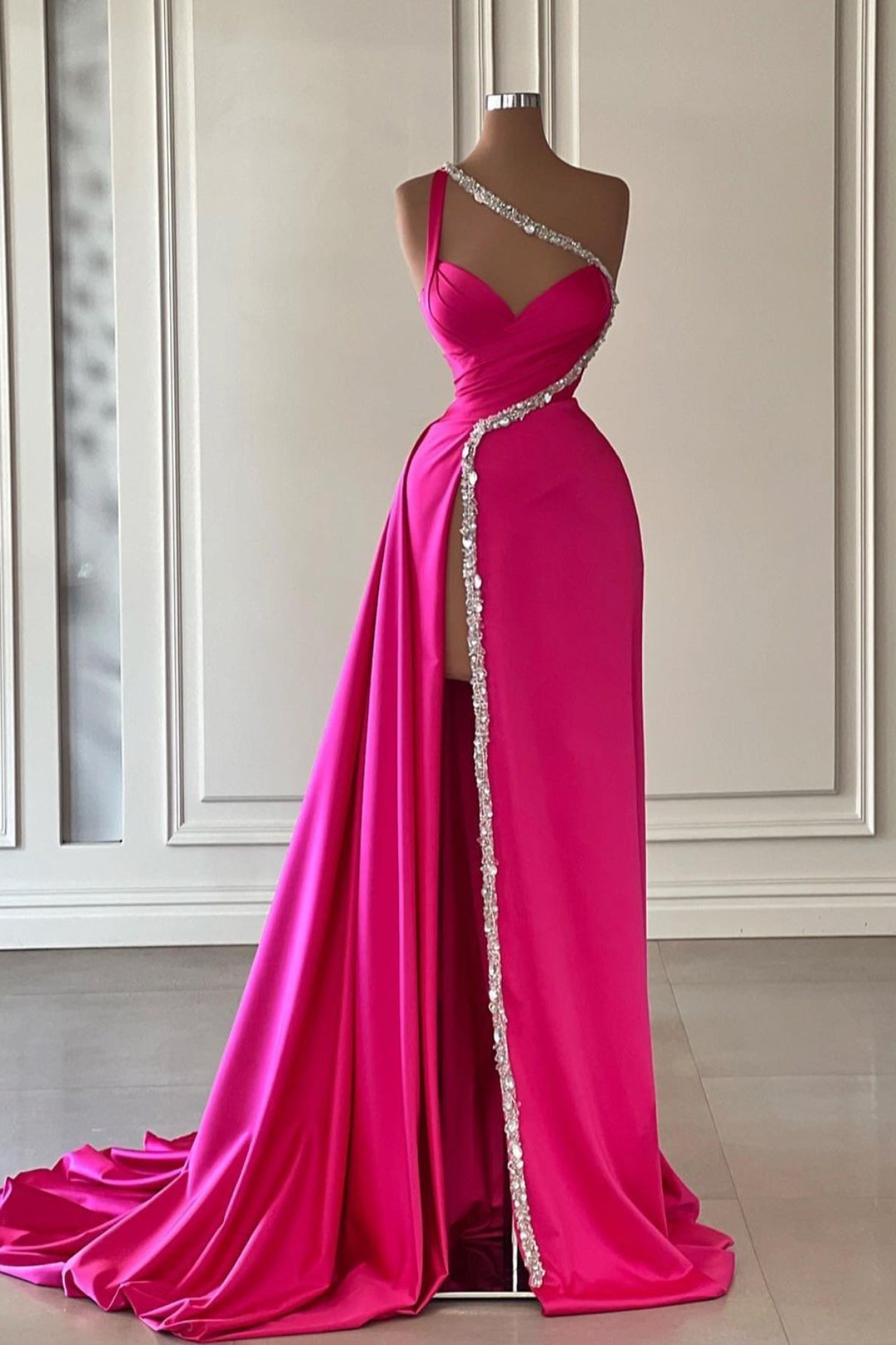 Evening Dress Fuchsia Long One Shoulder With Slit Pleated Beadings YL0154