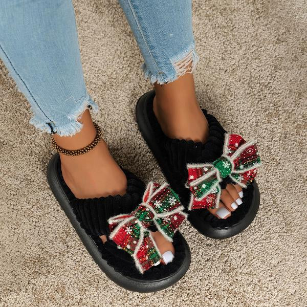 Women’s Casual Christmas Snowflake Bow Plush Slippers