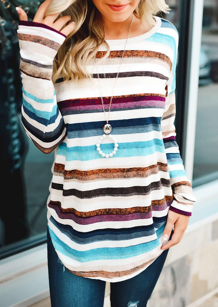 Colorful Striped O-Neck Long Sleeve Blouse