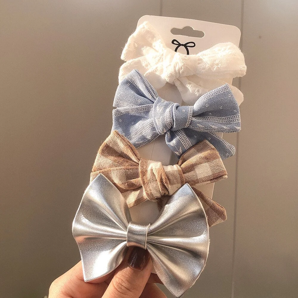 4 Pcs/set Cotton Linen Plaid Bowknot Hair Clips For Cute Girls Floral Handmade Hairpins Barrettes Headwear Kids Hair Accessories