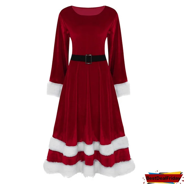 Womens Ladies Plus Size Velvet Scoop Neck Long Sleeves Mrs Santa Claus Costume Adults Christmas Fancy Dress Outfit