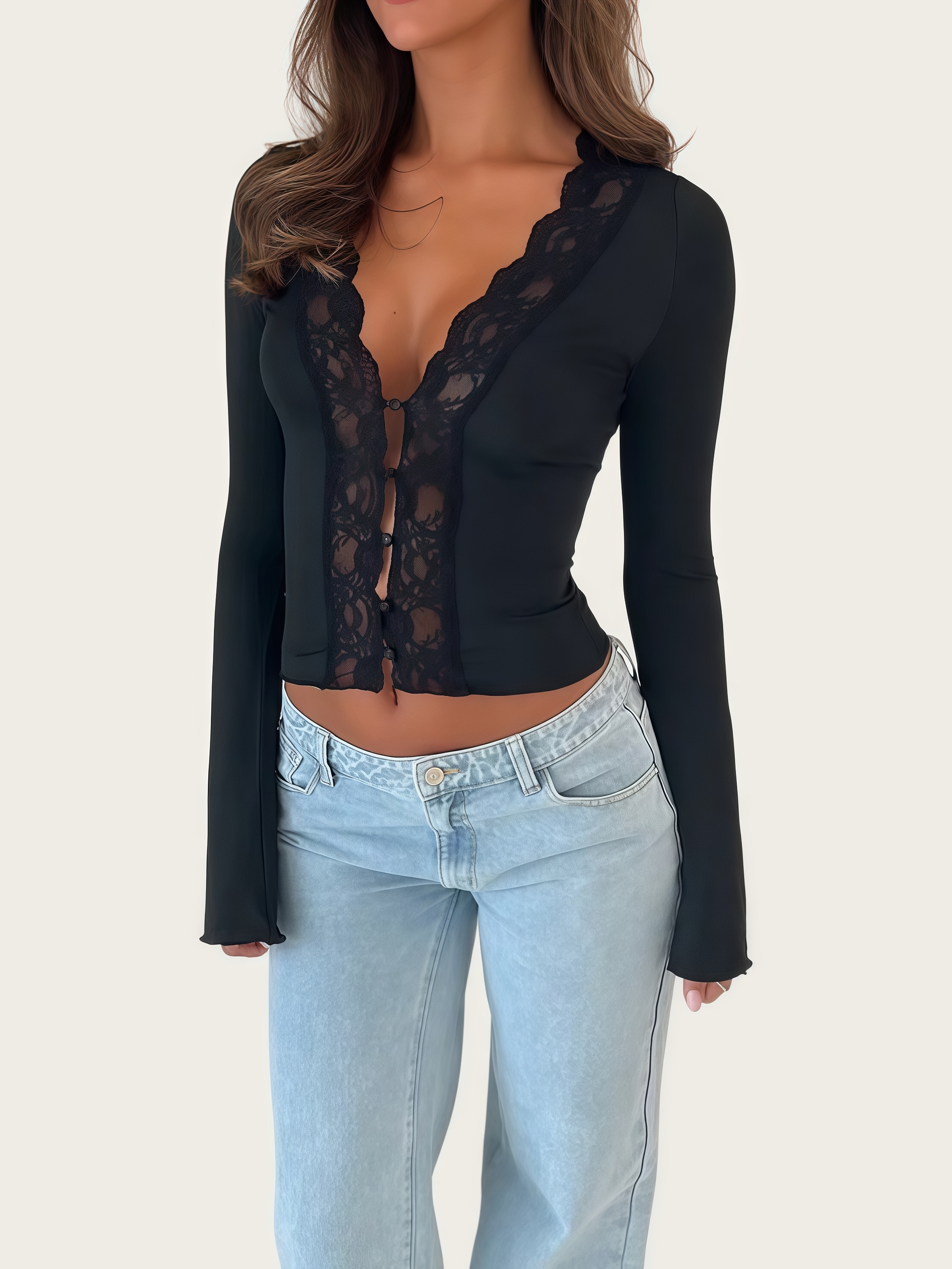 Lace-Trim Button-Front Bell-Sleeve Crop Top - HIGIANNA&reg;