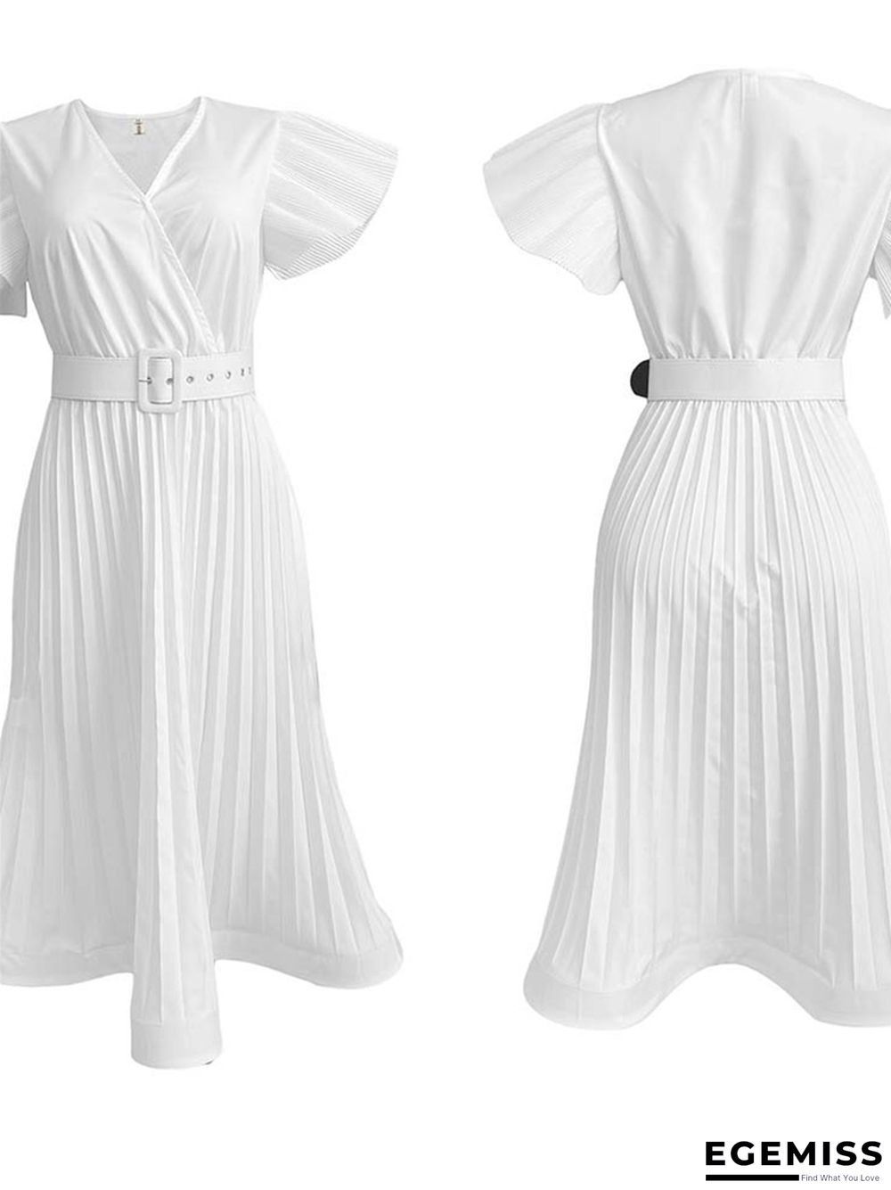 Women's Sexy V-neck Fly-sleeve Pleated Dress White Dresses | EGEMISS
