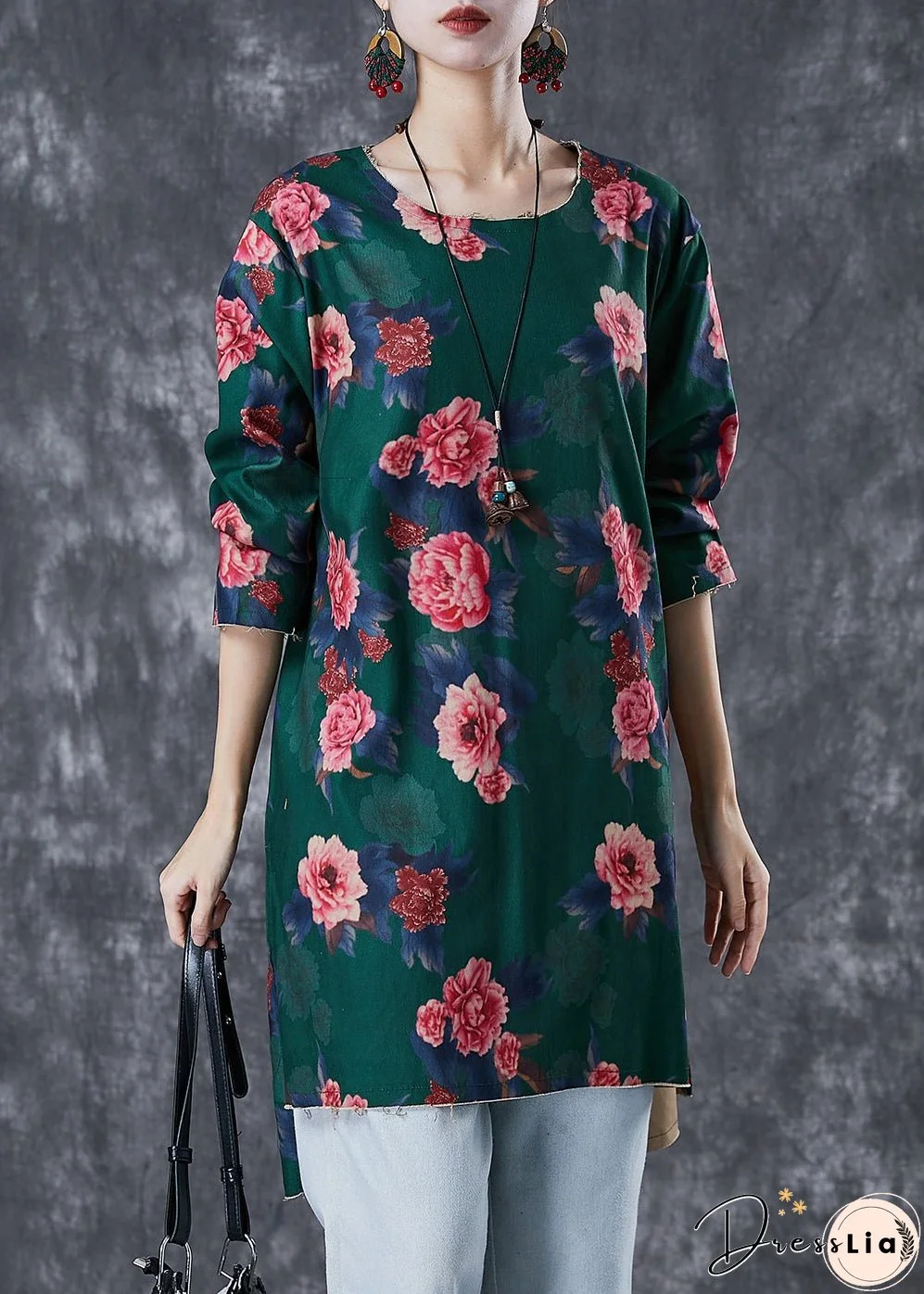 Green Floral Print Linen Mini Dress Side Open Fall