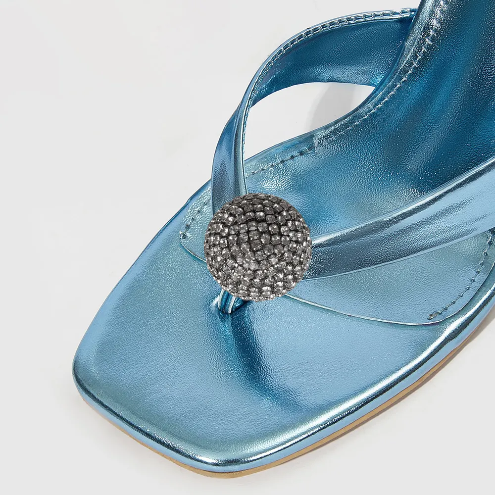 Heeled Sandals 6cm with Crystal Square Buckle Blue Sky