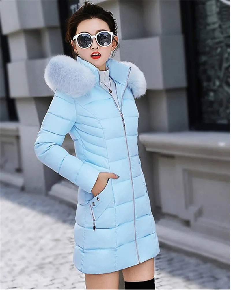 Winter Female Long Jacket Winter Coat Women Fake Fur Collar Warm Woman Parka Outerwear Down Jacket Winter Jacket Women Coat N204