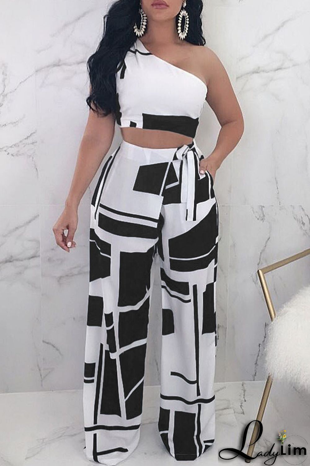 Black Sexy Casual Print Vests Pants One Shoulder Sleeveless Two Pieces