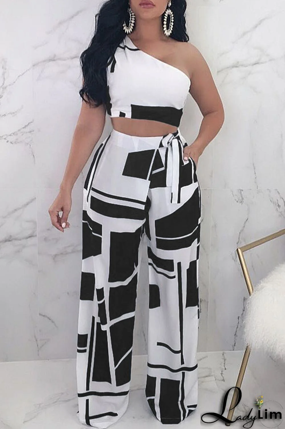 Black Sexy Casual Print Vests Pants One Shoulder Sleeveless Two Pieces