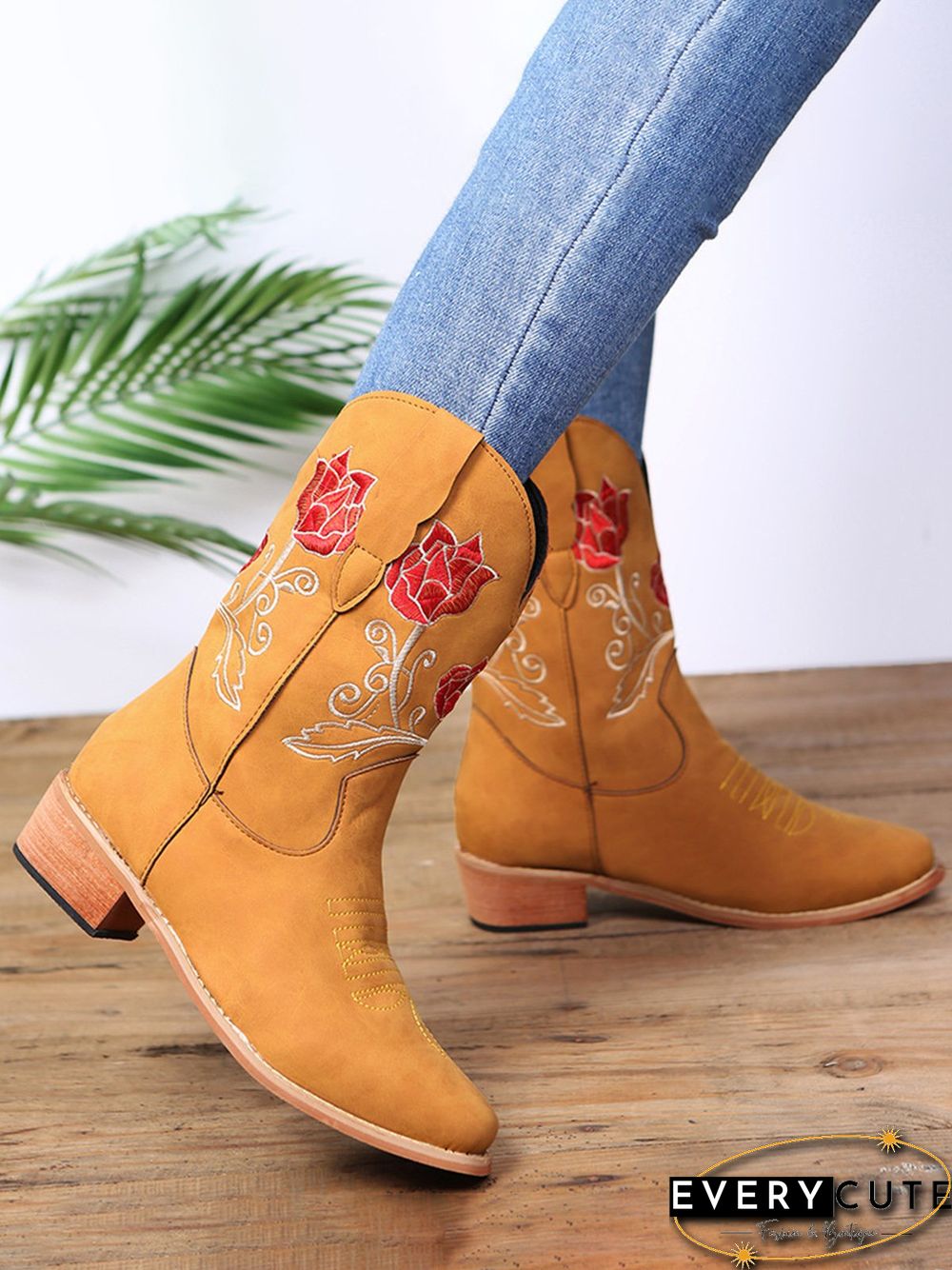 Vintage Floral Embroidered Sleeve Pointed Toe Chunky Heel Cowboy Boots