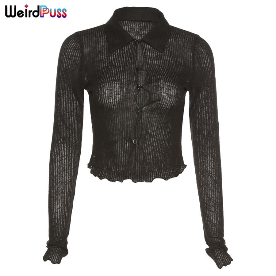 Weird Puss Knitting See Through Black T-Shirts Women Fall Trend Long Sleeve Ruffles Skinny Tops Button Soft Casual Autumn Tees