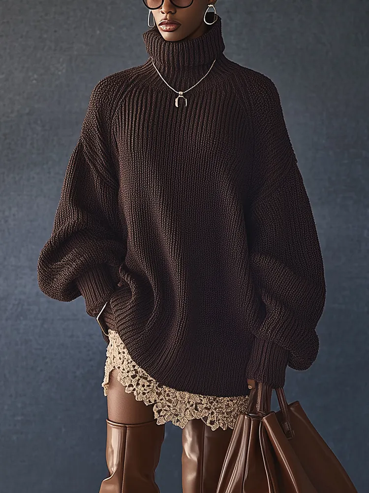 Chocolate Oversized Knit Turtleneck Long Sleeve Mini Dress With Lace Trim