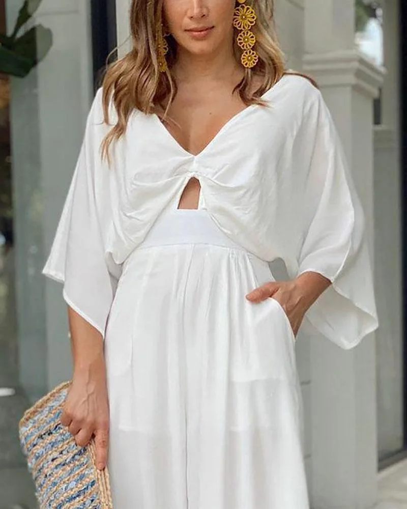 Soild V-Neck High Waist Jumpsuit