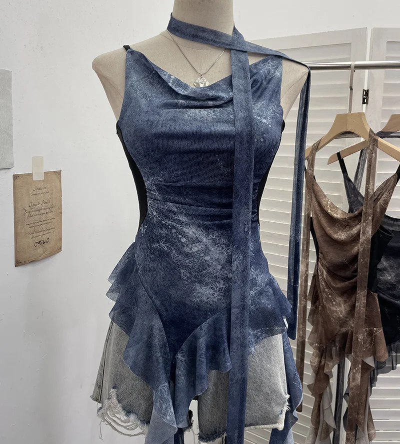 Uveng Vietnamese Niche Hot Girls Unristered Ribbon Vest Repair Hanging Neck Short Sling 8017