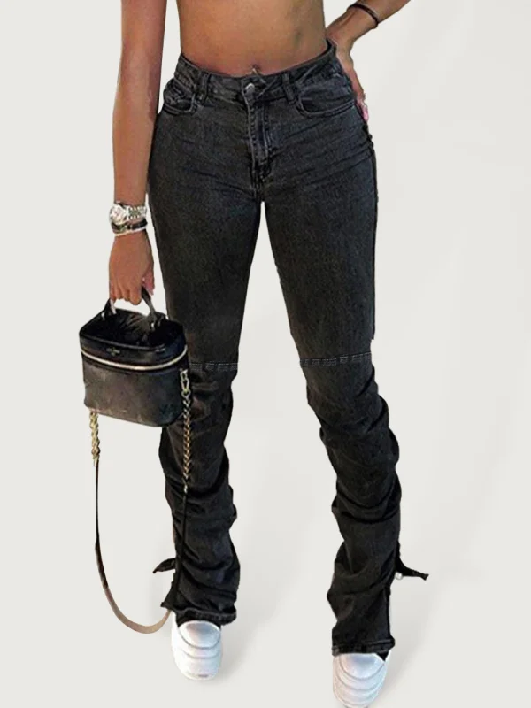 Women's Black Pleated Fit Slim Heel Slit Jeans Flusfy