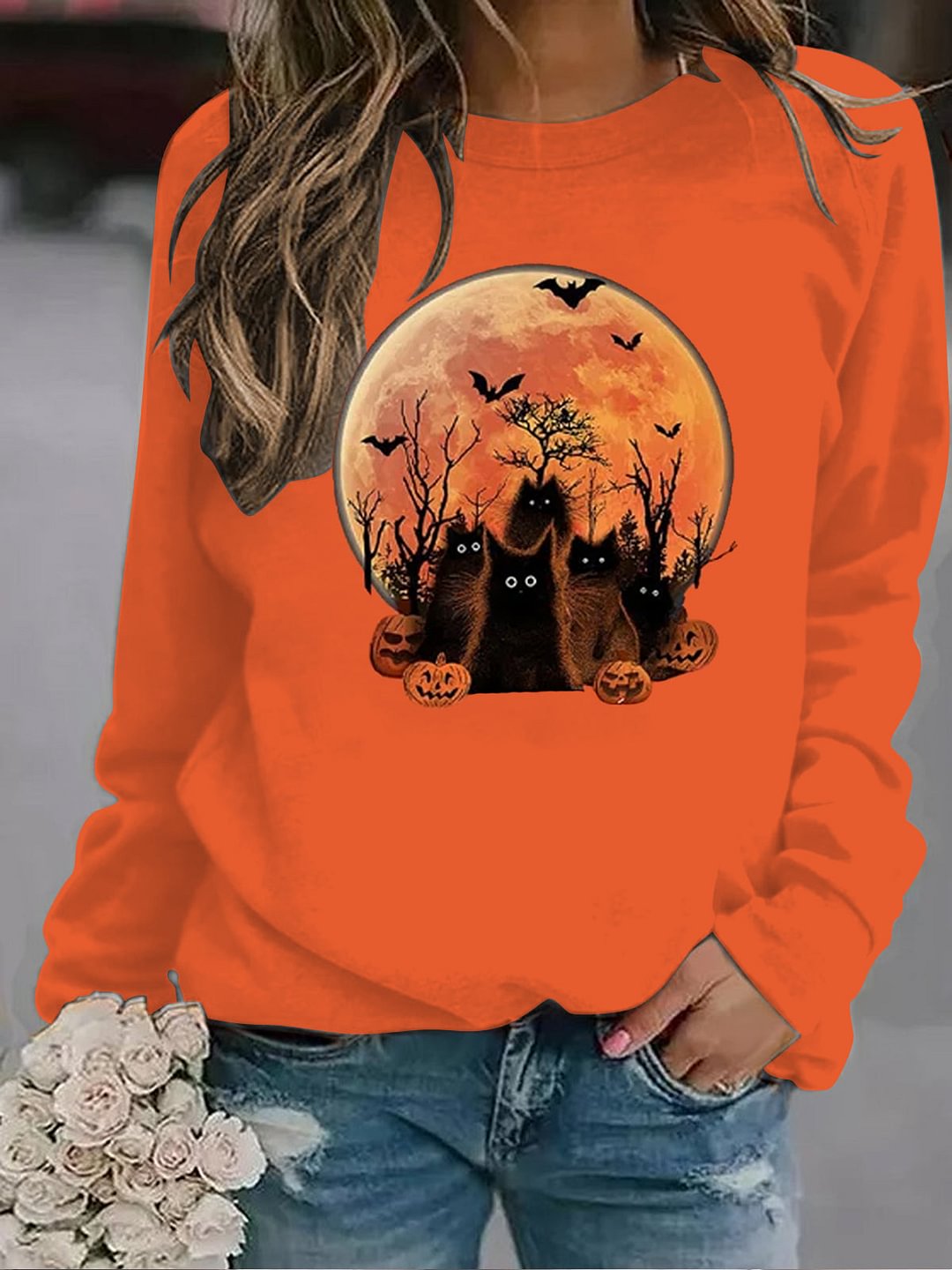 Halloween Black Cat Long Sleeve Sweatshirt