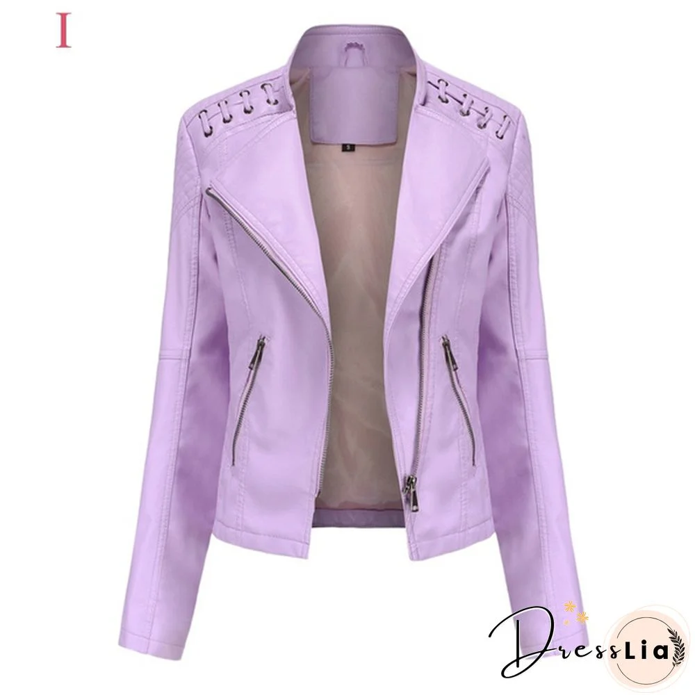 Ladies Fashion Spring and Autumn Short Slim Thin Leather Jacket Motorcycle Suit