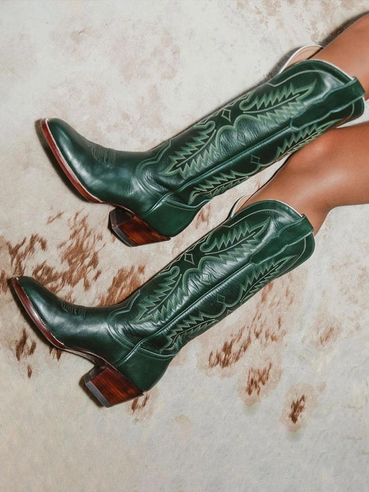 Women's Dark Green Embroidered Round Toe Wide Calf Knee High Western Boots