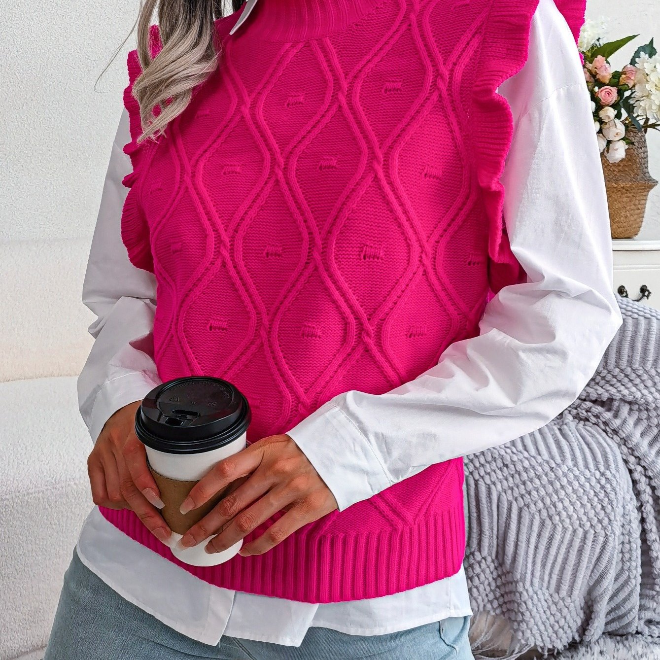 Women's Sweater Ruffle Hem Texture Sweater Vest