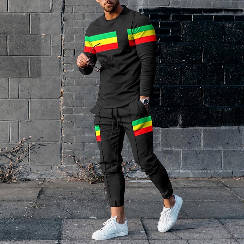 Tiboyz Stylish Reggae Contrast Color Geometry Long Sleeve T-Shirt And Pants Co-Ord