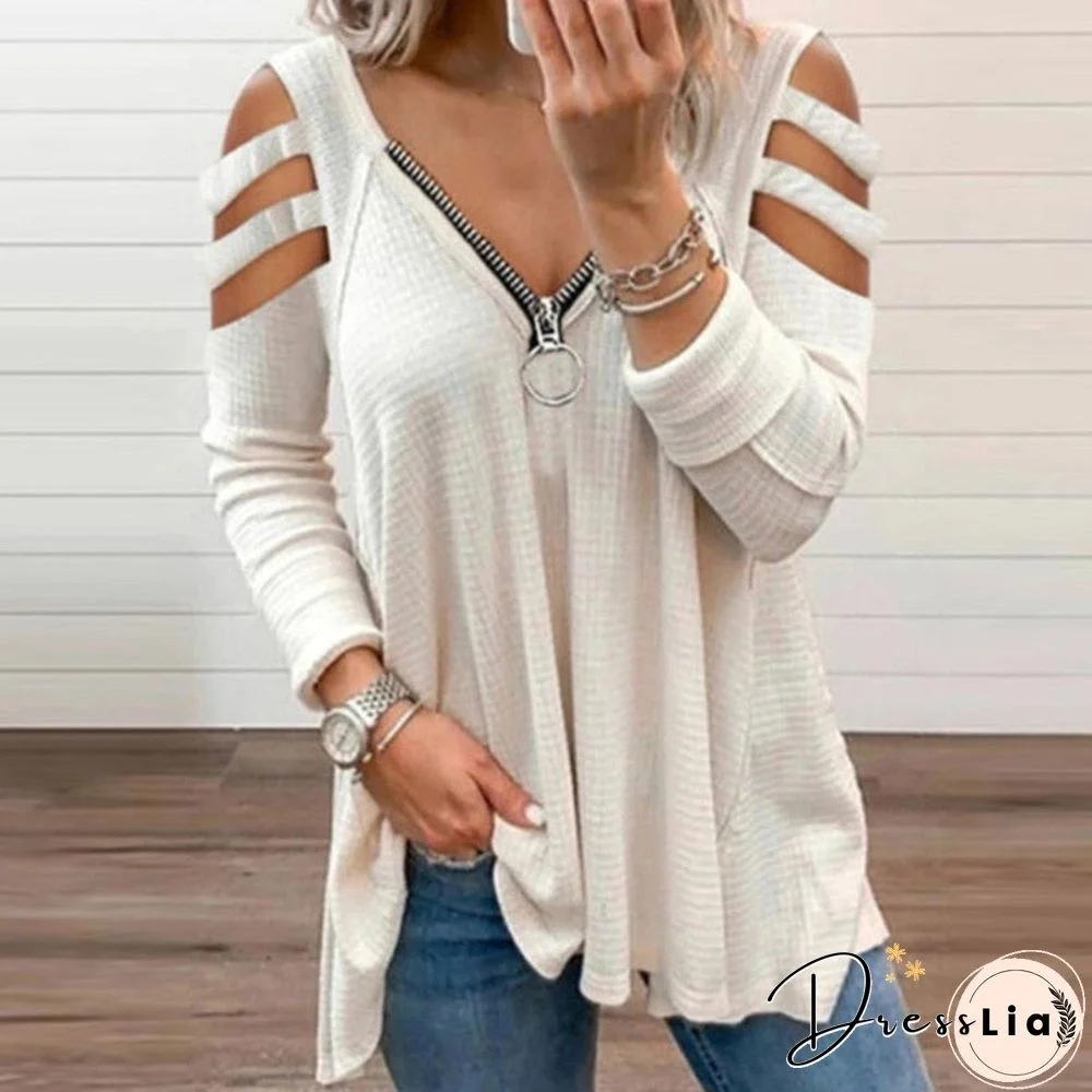 Fashion Chic Hollow Out Short Sleeve Top Lady Elegant Zip V-Neck Solid Blouses Shirts Spring Casual Women Blusas Sweatshirt