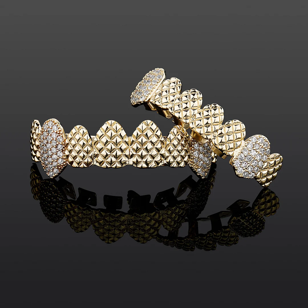 14K Gold Plated Iced Out Grillz Set Hip Hop Teeth Cubic Zircon Jewelry-VESSFUL