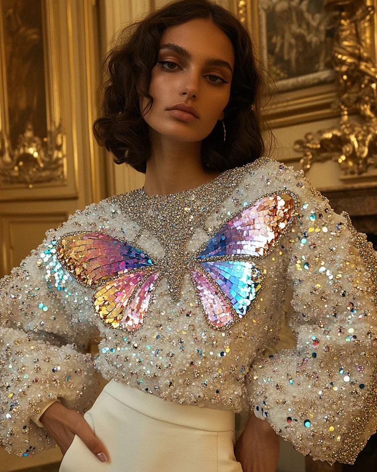Women's Round Neck Butterfly Sequin Top