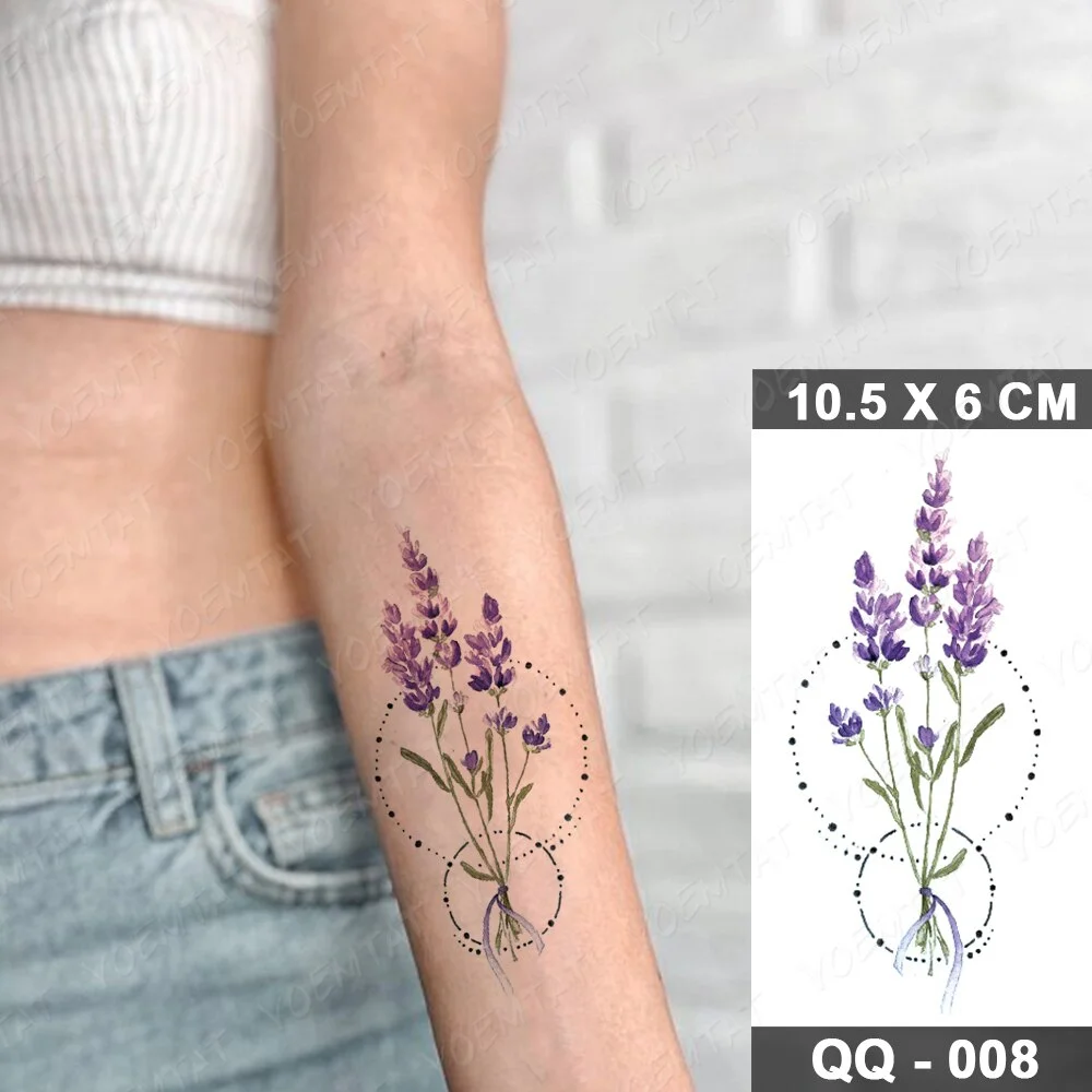 Waterproof Temporary Tattoo Sticker Watercolor Flowers Plants Flash Tatoo Purple Lavender Wrist Fake Tatto For Body Art Women
