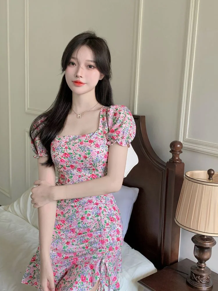 Puff-Sleeve Floral Mini A-Line Dress YP2074