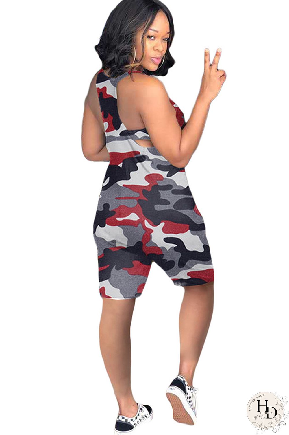 Blue Sexy Fashion Camouflage Chemical fiber blend Sleeveless V Neck Rompers